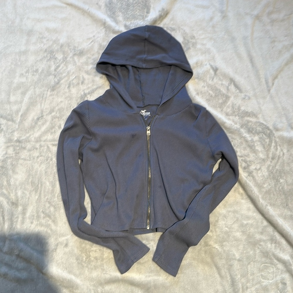 Hollister Navy Blue Waffle Cropped Zip-Up